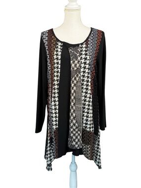 Dikalady Mixed Media Scoop Neck A-Line Top Asymmetrical Hem Black Size Large